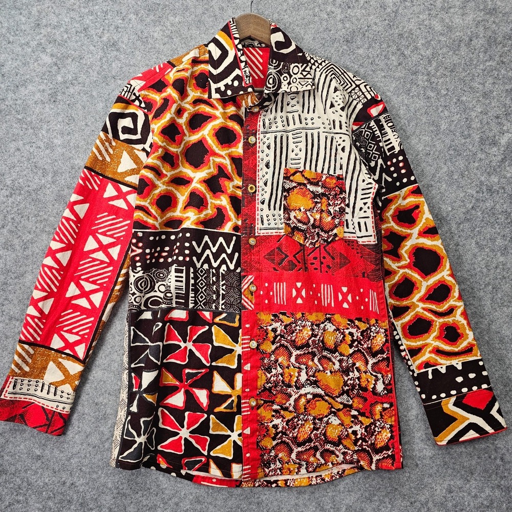 Boho Patchwork Button Up Shirt Men S M Red Black Eclectic Animal Ethnic Folklore